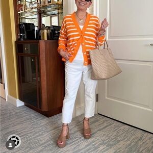 LOFT Orange and White Striped Cardigan